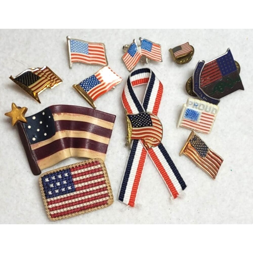 11 Pc Lot American Flag Lapel Pins Brooches Mixed Styles Wood Handmade Metal
